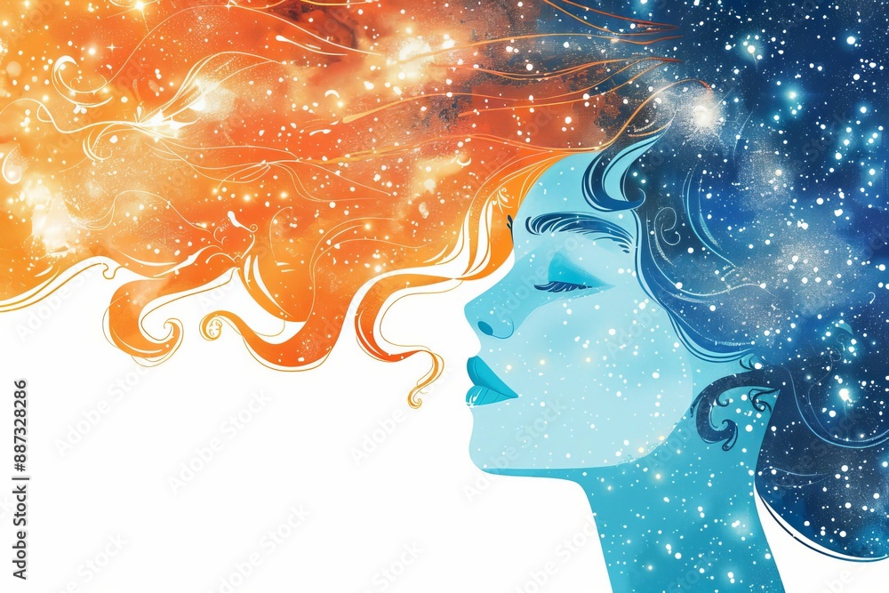 Sticker Woman with Cosmic Thoughts on a Blue Background