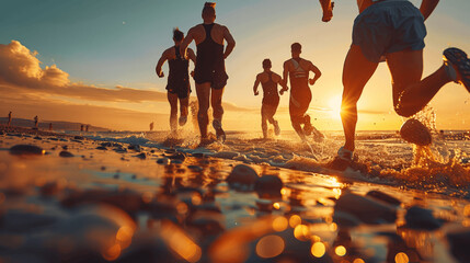 group friends team running beach sunset race competition close up legs sunrise seaside trail AI generative