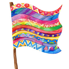 Colorful watercolor flag with intricate patterns and vibrant stripes on a wooden pole, perfect for festive and creative decorations.