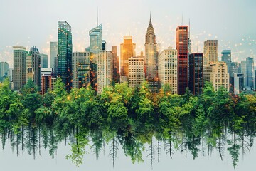 Naklejka premium A city skyline is reflected in a body of water