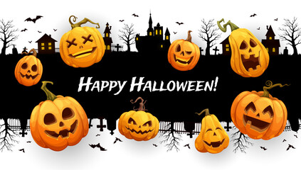 Halloween town silhouette with danger pumpkins and abandoned houses, casting eerie shadows. Vector spooky jack lanterns and desolate cityscape with bats and creepy trees creating a chilling atmosphere