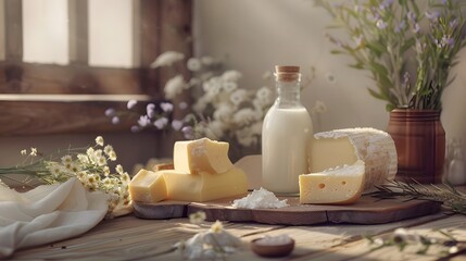 Different types of dairy products on wooden background 