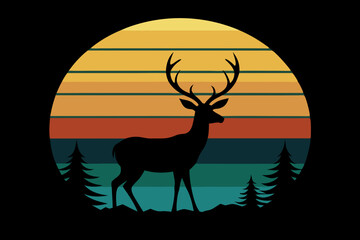 Vintage t-shirt design retro striped sunset graphics deer illustration 
