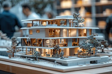 A model of a large house with a lot of windows and a tree in front