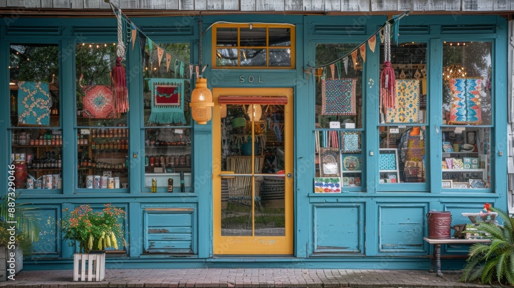 Poster storefront of a local craft store with colorful window displays of handmade items, bright and cheerf
