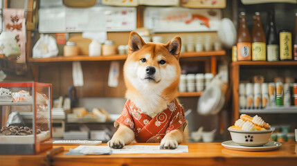 Adorable Shiba Inu puppy dressed in costume working behind the counter at a Japanese retail shop or store surrounded by shelves of merchandise and a cozy friendly atmosphere