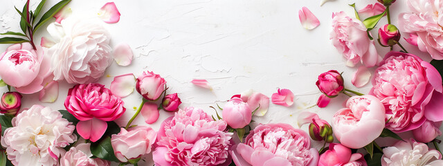 Fresh bunch of pink peonies and roses with copy space.