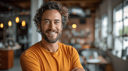Obraz premium Smiling Man with Beard and Curly Hair in Orange T-Shirt Standing in Modern Office