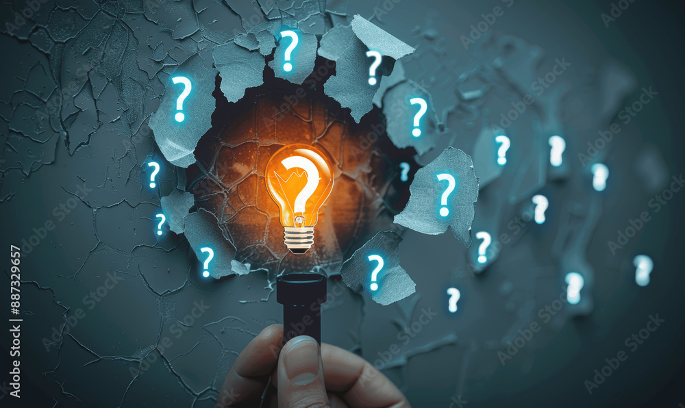 Poster creative thinking lightbulb with torn paper and question marks for problem solving and idea generati