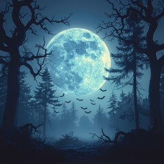 Spooky night forest with a full moon shining through the trees, casting an eerie glow and silhouette of flying bats.