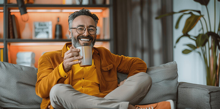 Happy man with glasses holding coffee mug smiling at camera on sofa in living room shopping online with mobile phone and credit card