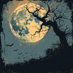 Fototapeta premium Eerie full moon night with a twisted tree silhouette and flying bats, perfect for Halloween or spooky-themed designs.