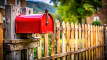 Close-up of a classic red mailbox with blurred rustic farm fence
