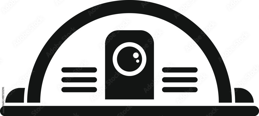 Poster simple black and white icon of a smart robot vacuum cleaner using its camera to map and navigate a r