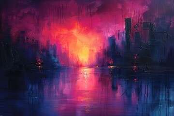 Fototapeta premium A painting of a city with a sunset in the background
