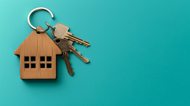Golden house shaped keychain with keys on blue background, real estate concept, top view. Copy space banner mockup stock photo with copy space for text