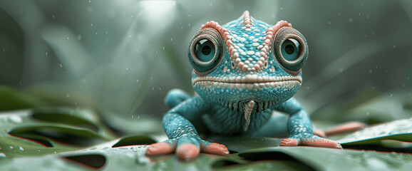 Adorable Cartoon Chameleon with Big Eyes on Green Background for Copy Space