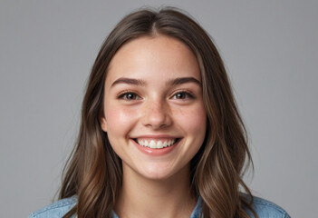 Fototapeta premium Portrait view of a regular happy smiling United States girl, ultra realistic, candid, social media, avatar image, plain solid background
