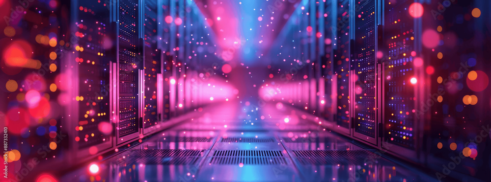 Poster futuristic data center with high performance server racks in a dark room