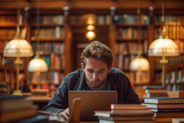 A focused student studies on a laptop in a library, surrounded by books and warm lighting, deeply engrossed in his work