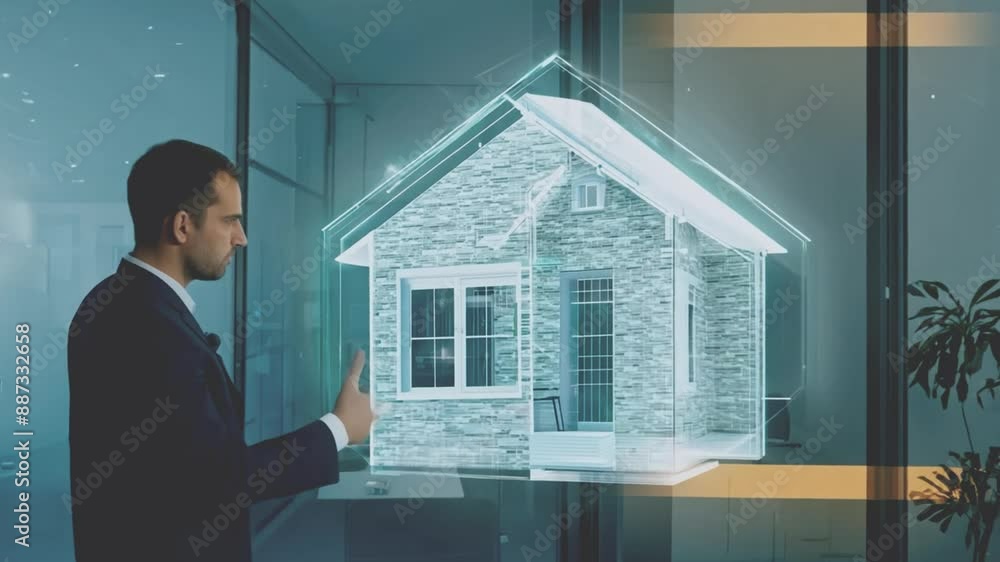 Poster A businessman uses a digital interface to view and interact with a 3D model of a house.