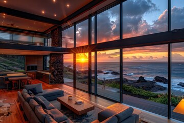 Fototapeta premium Modern Living Room with Ocean Sunset Views