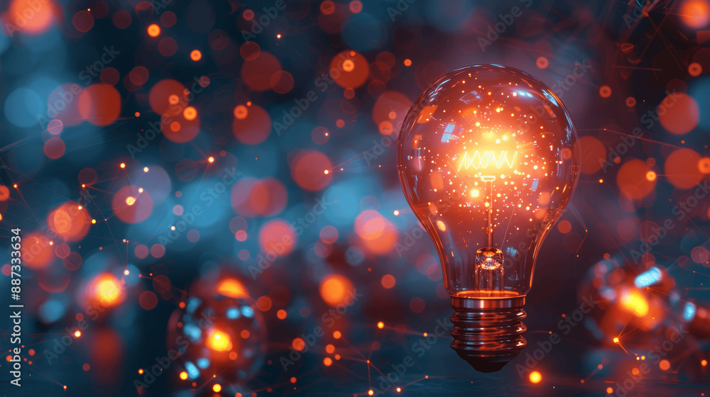 Poster innovative light bulb glowing on abstract background with digital network connections representing t