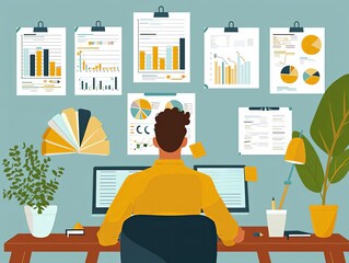 Strategic business planning, financial analysis, flat design illustration