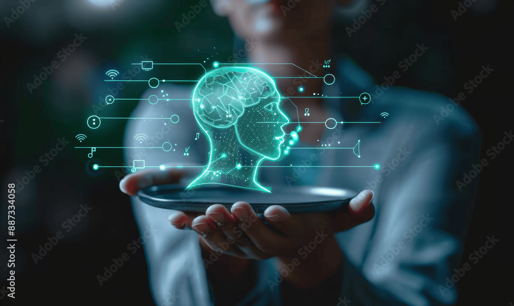 Poster hand holding tray with digital ai head icon and speech bubbles representing artificial intelligence 