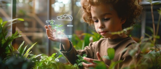 Child learning about plants with augmented reality in a garden, kid learning, botany education tech