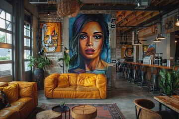 A living room with a yellow couch and a painting of a woman on the wall