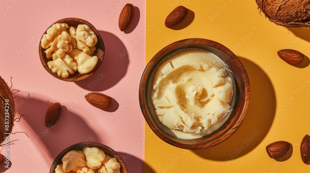 Poster Shea butter and nut filled bowls on a bright backdrop