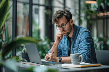 Focused young man in glasses writing notes while working on laptop at home office
