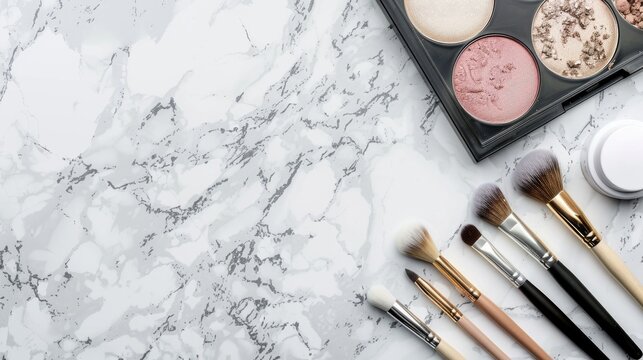 Makeup tools on white marble backdrop with space for artist s card