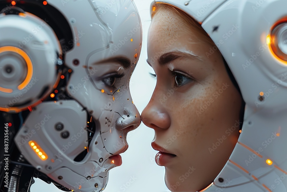 Poster two robots with human faces are facing each other