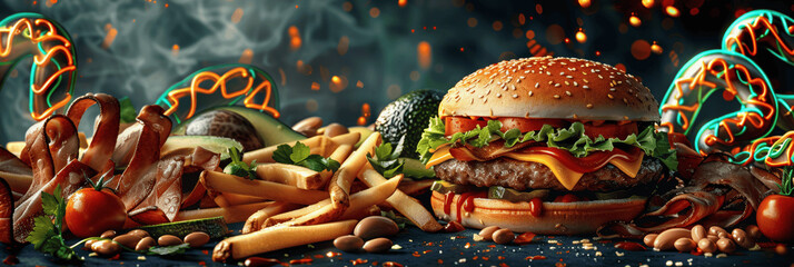 Naklejka premium Fast Food Genetics: DNA Impact on Eating Habits with Photorealistic Junk Food Background