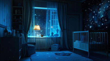 A serene nighttime nursery room with a crib, star-patterned curtains, and soft-glowing lamp.