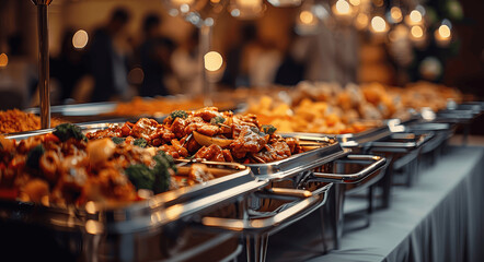 Luxurious Wedding Buffet with Grilled Meat and Vegetables in High Resolution