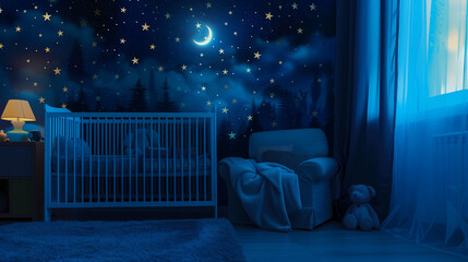 A serene nighttime nursery room with a crib, star-patterned curtains, and soft-glowing lamp.
