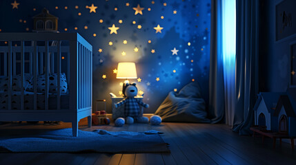 A serene nighttime nursery room with a crib, star-patterned curtains, and soft-glowing lamp.