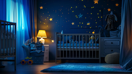A serene nighttime nursery room with a crib, star-patterned curtains, and soft-glowing lamp.