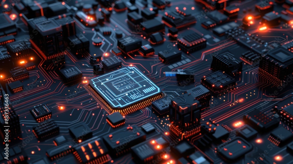 Poster illuminated futuristic circuit board with holographic displays and microchips on dark background