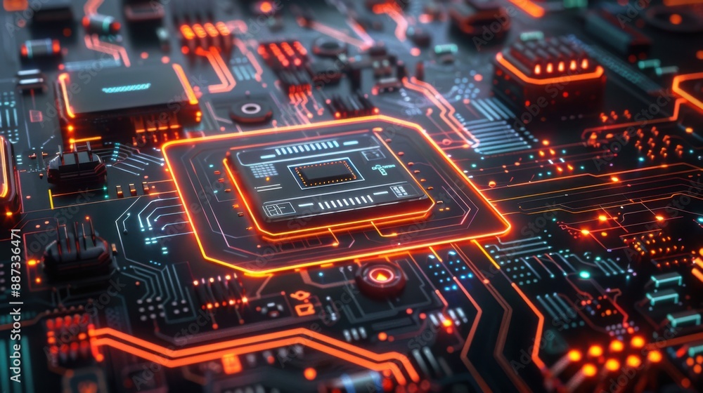 Poster glowing futuristic circuit board with advanced processors and holographic interfaces on metallic sur
