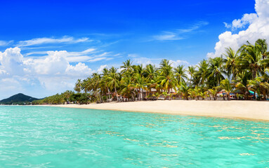 Obraz premium Sea beach panorama, paradise tropical island landscape, turquoise ocean water, palm trees, sand, sun blue sky white cloud, summer holiday, vacation, travel, MaeNam, Koh Samui, Thailand, Southeast Asia