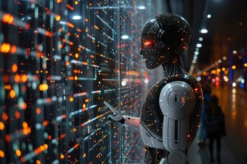 Fototapeta premium A robot is standing in front of a wall of glowing lights