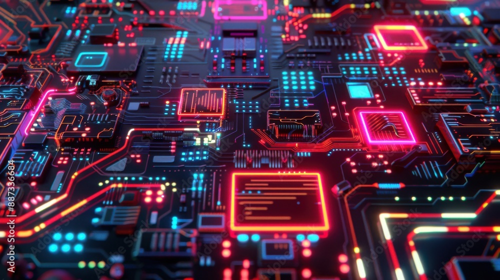 Aufkleber glowing futuristic circuit board with neon circuits and holographic interfaces in dark setting