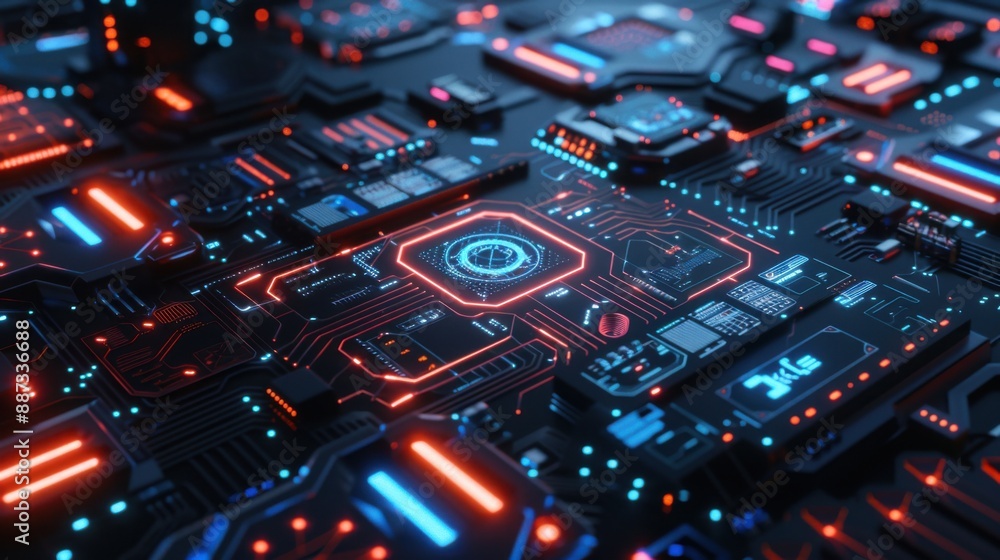 Poster cybernetic interface of tomorrow: futuristic circuit board with holographic displays and ai interfac