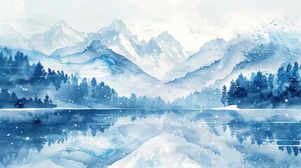 Abstract watercolor mountains landscape with lake and snow. Drawing winter time concept background.