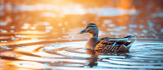 A wild duck gracefully glides through the tranquil waters of the serene lake leaving a trail of ripples in its wake