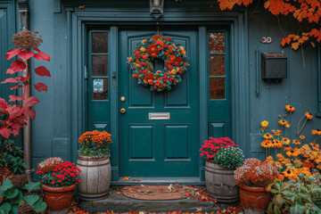 Naklejka premium dark green front door with pumpkin wreath and wooden pots of colorful chrysanthemums festive autumn decor